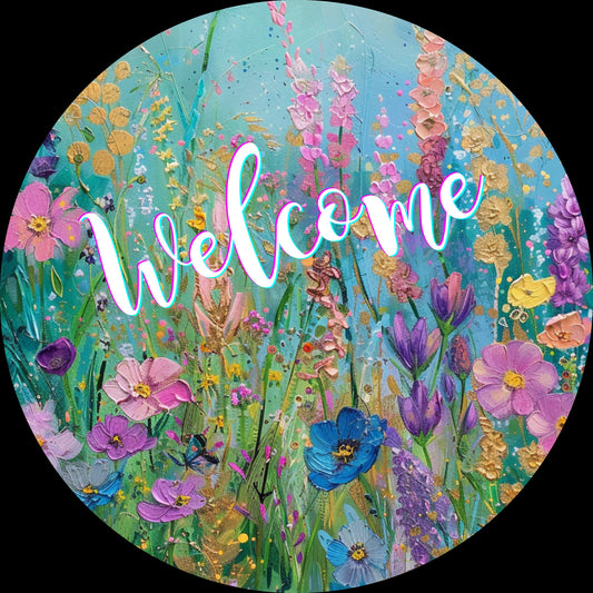 Welcome Floral wreath sign, spring floral wreath attachment, Aqua Pink Purple Acrylic Painting look metal sign, signs for wreaths