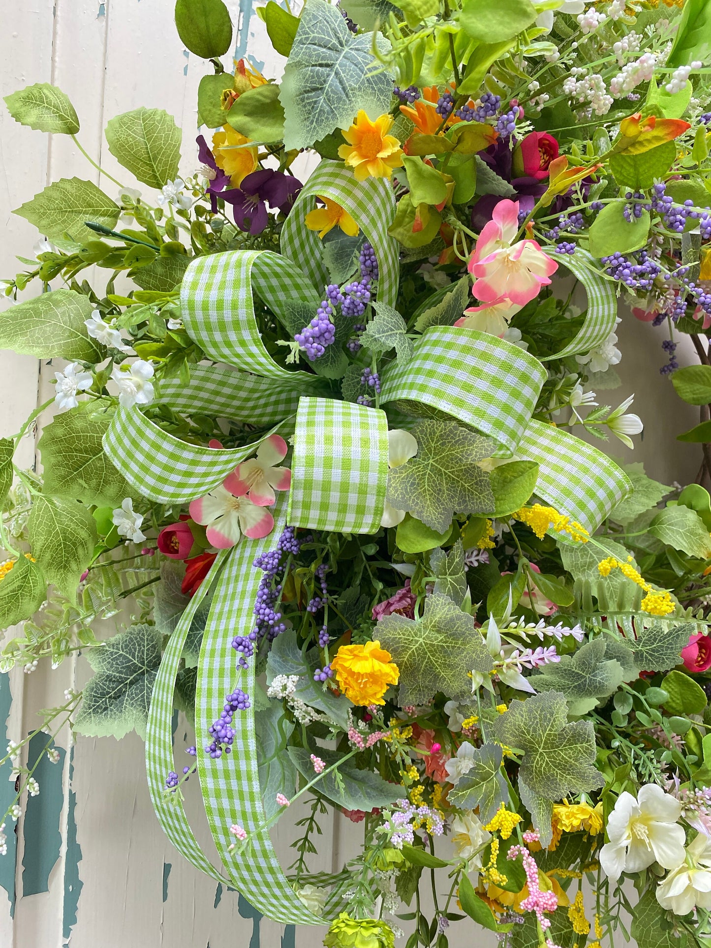 Summer Wildflower Wreath for Front Door, Spring English Garden Style Wreath, Country Cottage Garden Mothers Day Gift, Hanging Fairy Garden
