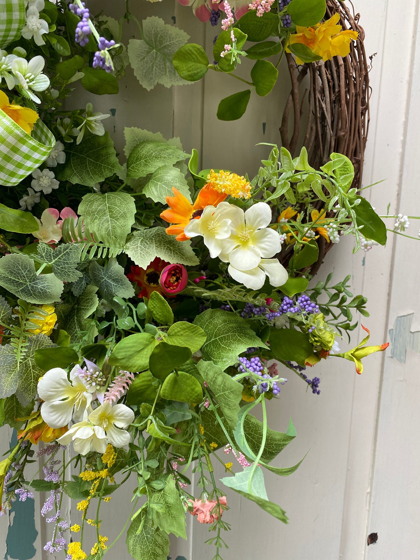Summer Wildflower Wreath for Front Door, Spring English Garden Style Wreath, Country Cottage Garden Mothers Day Gift, Hanging Fairy Garden