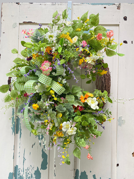 Summer Wildflower Wreath for Front Door, Spring English Garden Style Wreath, Country Cottage Garden Mothers Day Gift, Hanging Fairy Garden