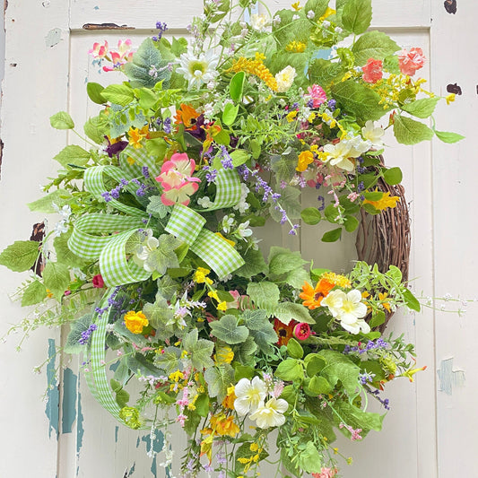 Summer Wildflower Wreath for Front Door, Spring English Garden Style Wreath, Country Cottage Garden Mothers Day Gift, Hanging Fairy Garden