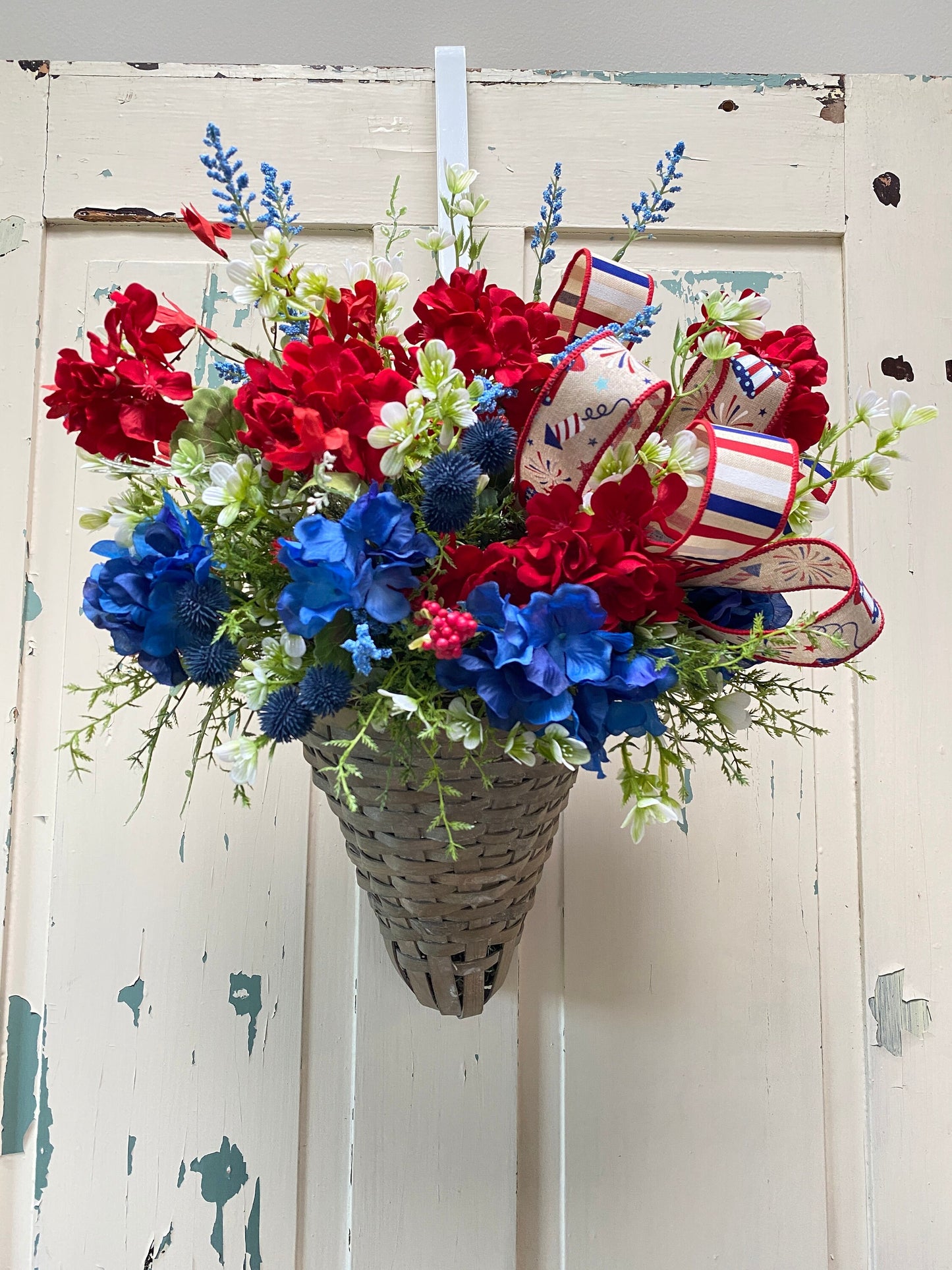 Patriotic Hanging Basket, 4th of July Wall Arrangement, Red White Blue Door Decor, wreaths for front door, Farmhouse patriotic basket