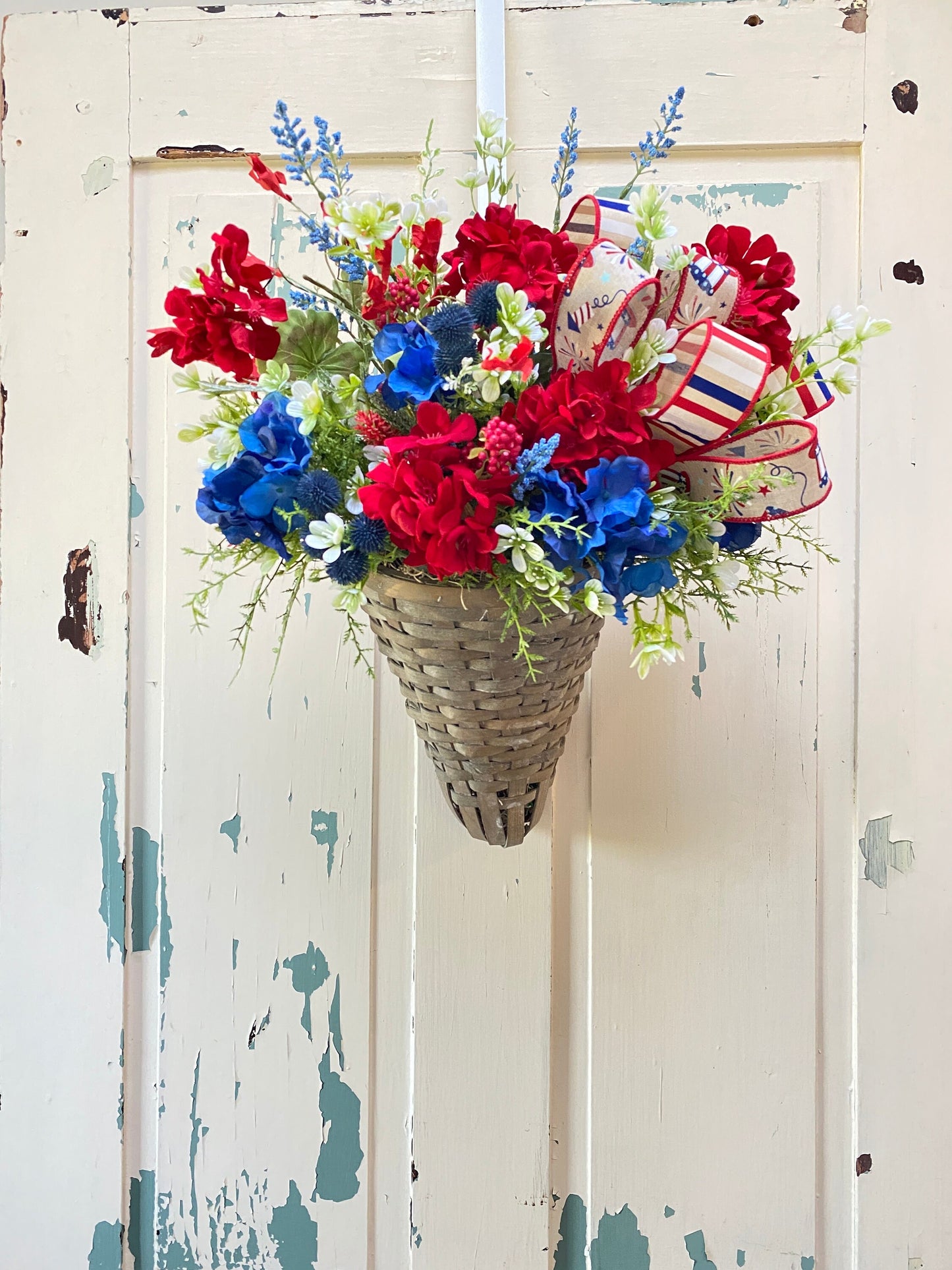 Patriotic Hanging Basket, 4th of July Wall Arrangement, Red White Blue Door Decor, wreaths for front door, Farmhouse patriotic basket