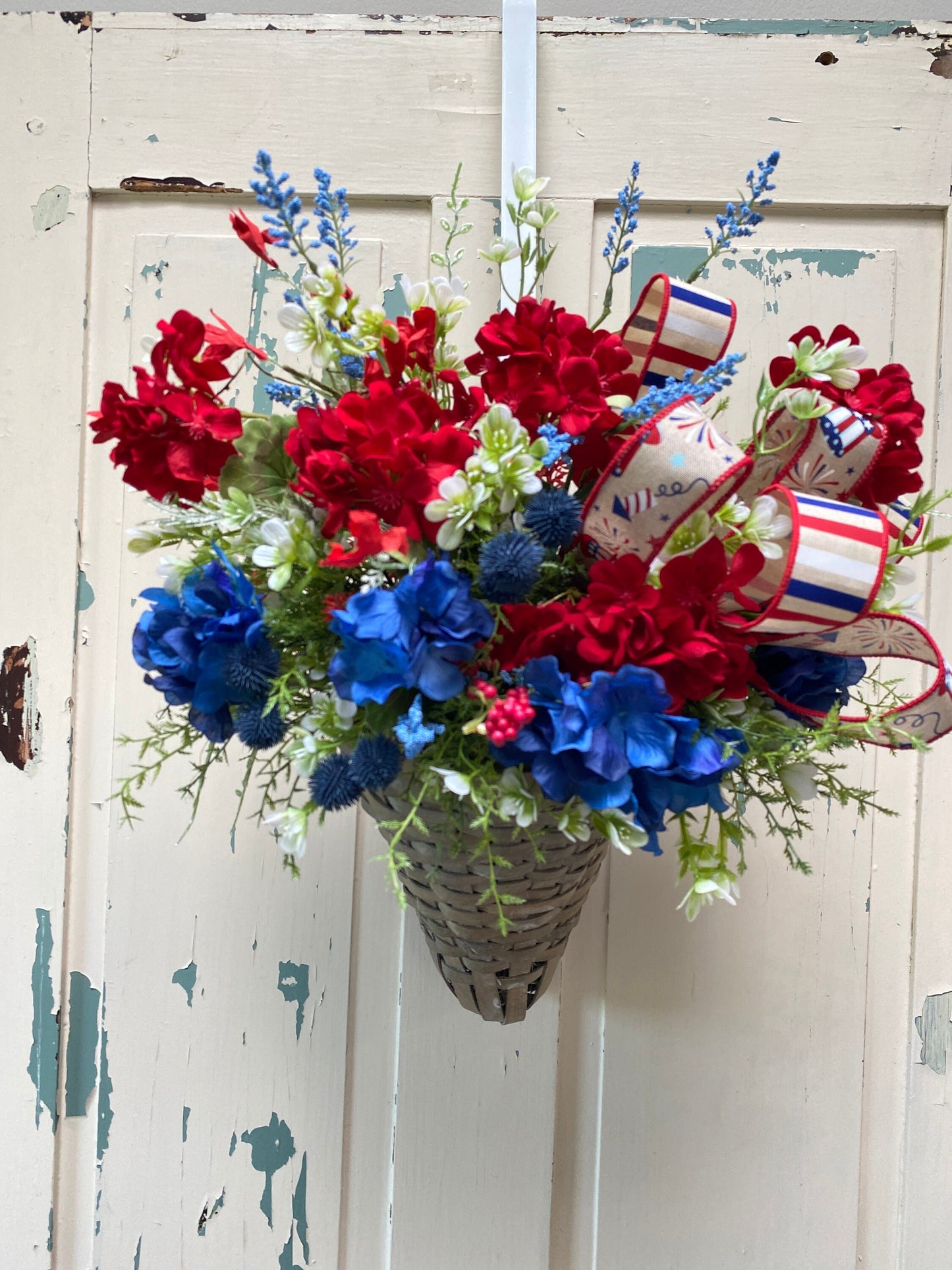 Patriotic Hanging Basket, 4th of July Wall Arrangement, Red White Blue Door Decor, wreaths for front door, Farmhouse patriotic basket