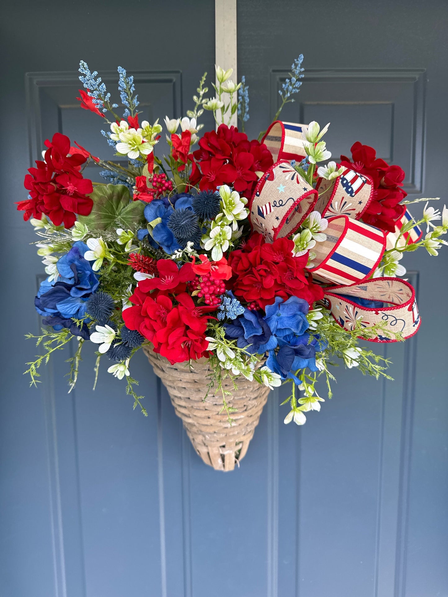Patriotic Hanging Basket, 4th of July Wall Arrangement, Red White Blue Door Decor, wreaths for front door, Farmhouse patriotic basket