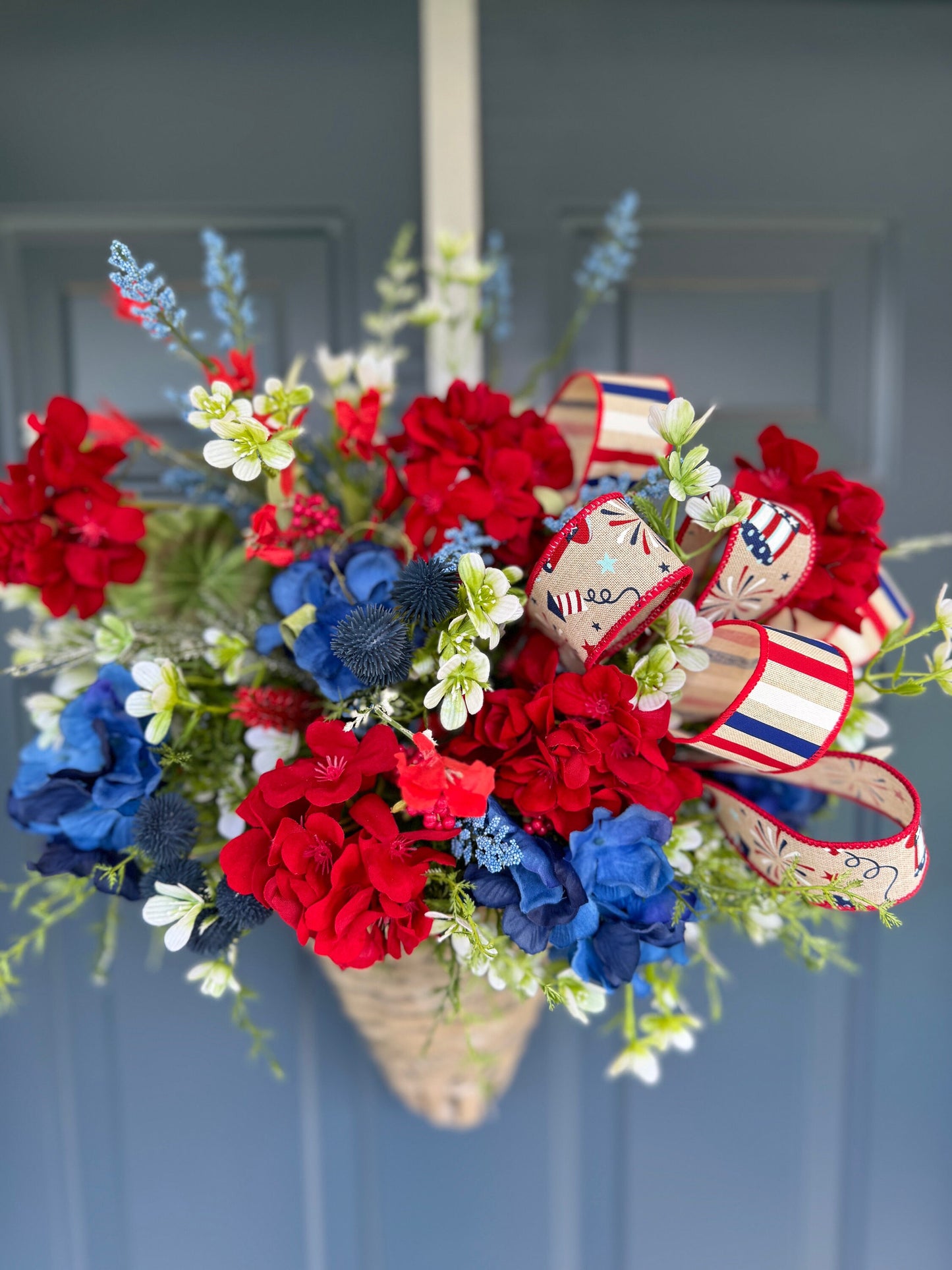 Patriotic Hanging Basket, 4th of July Wall Arrangement, Red White Blue Door Decor, wreaths for front door, Farmhouse patriotic basket