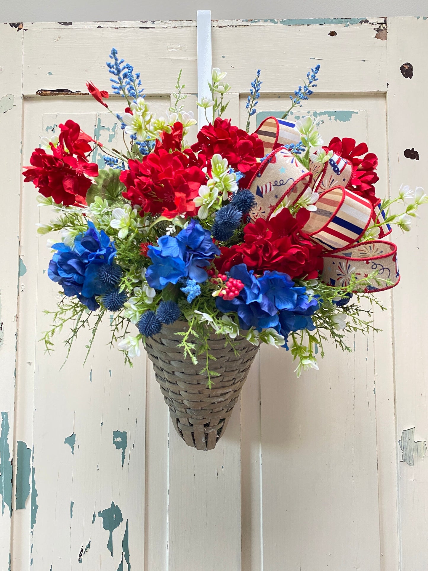 Patriotic Hanging Basket, 4th of July Wall Arrangement, Red White Blue Door Decor, wreaths for front door, Farmhouse patriotic basket