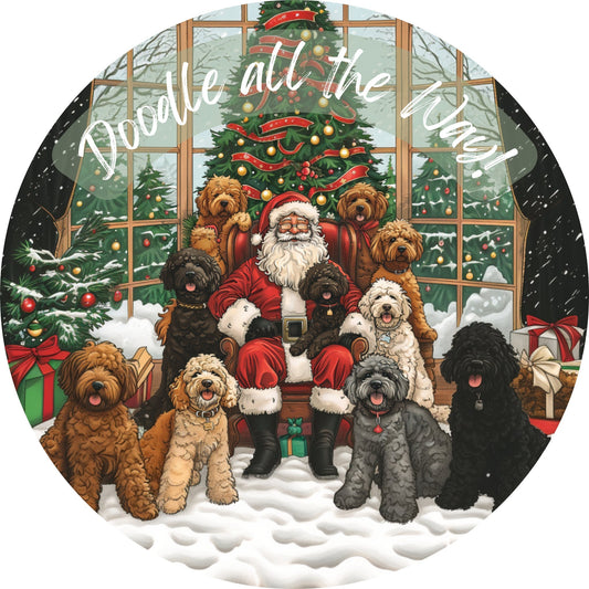Goldendoodles with Santa Christmas Wreath Sign, Round Metal Doodle Sign, Dog Swag Wreath Attachment, Golden Doodle Lover Sign, SWS71024-3