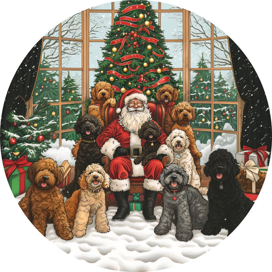 Goldendoodles with Santa Christmas Wreath Sign, Round Metal Doodle Sign, Dog Swag Wreath Attachment, Golden Doodle Lover Sign, SWS71024-2