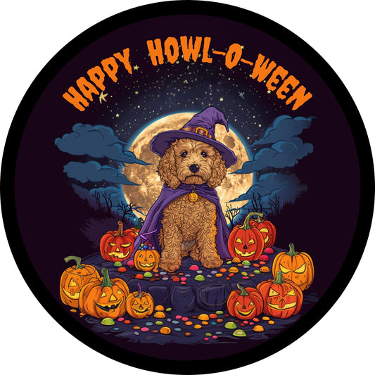 Goldendoodle Witch Halloween Wreath Sign, Round Metal Doodle Sign, Happy Howl-o-ween Wreath Attachment, Golden Doodle Lover Sign, SWS71024-3