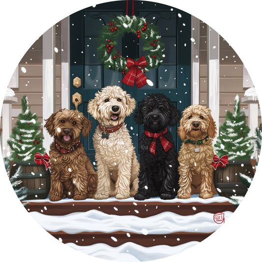 Goldendoodle Christmas Winter Wreath Sign, Round Metal Doodle Sign, Winter Wreath Attachment, Golden Doodle Lover Sign, SWS62824-3