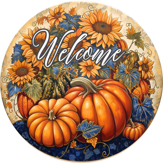 Fall Pumpkin Sign for Wreath, Blue and Orange Round Metal Wreath Sign, Autumn Harvest Sunflower Sign SWS72224-2