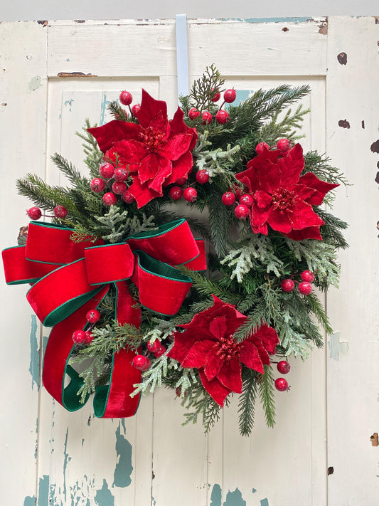 Red Poinsettia Christmas Wreath for Front Door