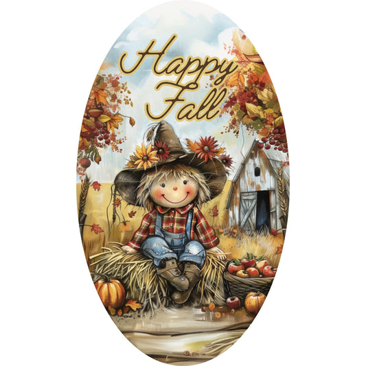 Oval Happy Fall Scarecrow Sign for Wreath, Farmhouse Autumn Metal Wreath Sign, Rustic Country Fall Scene for Wreath, SWS72624-3