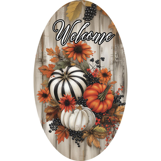 Oval Fall Pumpkin Sign for Wreath, black and White Striped Pumpkin Metal Wreath Sign, Autumn Harvest Pumpkin Sign SWS72624-4
