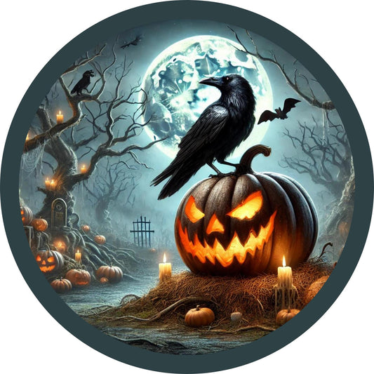 Raven on Jack-o-Lantern in Haunted Graveyard wreath sign, Halloween Spooky Crow Metal Sign, SWS72924-2
