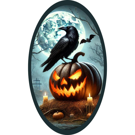 Raven on Jack-o-Lantern in Haunted Graveyard Oval wreath sign, Oval Halloween Spooky Crow Metal Sign, SWS72924-1