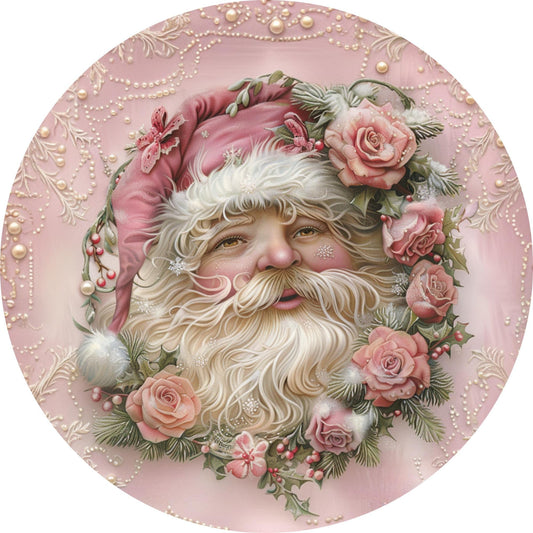 Pink Santa Claus Christmas wreath sign, Vintage Saint Nicolas in Pink with roses metal wreath attachment, SWS72624-2