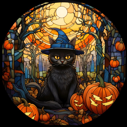 Black Cat with Jack-O-Lanterns Halloween Metal Wreath Sign, Cat in Witch hat with pumpkins sign, cat lover Halloween gift, SWS80624-7