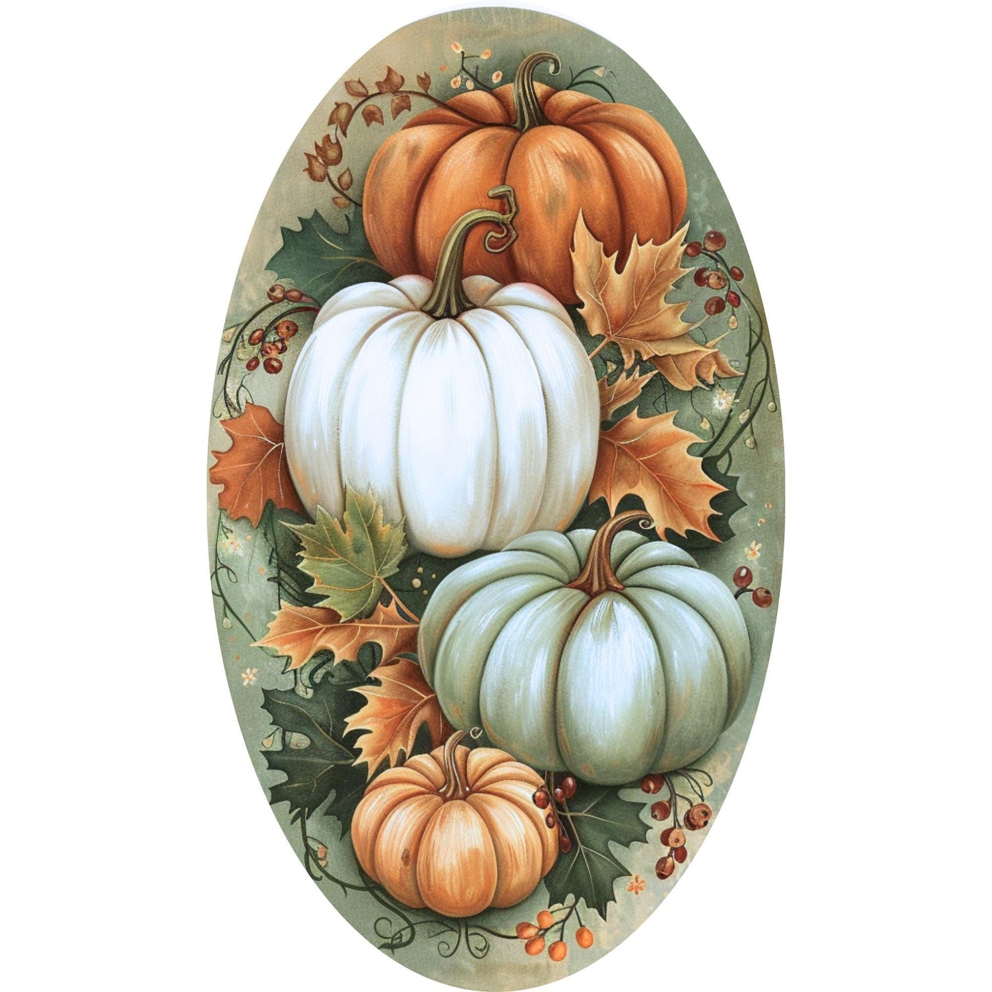 Oval Fall Pumpkin Sign for Wreath, Green and Orange Metal Wreath Sign, Autumn Harvest Pumpkin Sign SWS72624-1