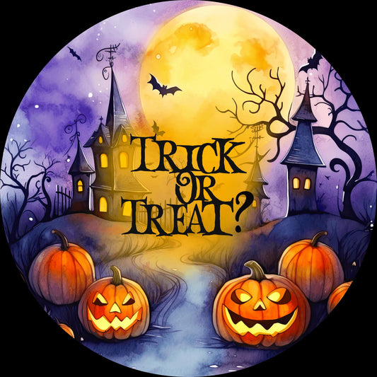 Trick or Treat Jack-O-Lantern Haunted House Halloween Wreath Sign, Purple Orange Black Metal Halloween Sign, SWS80624-6