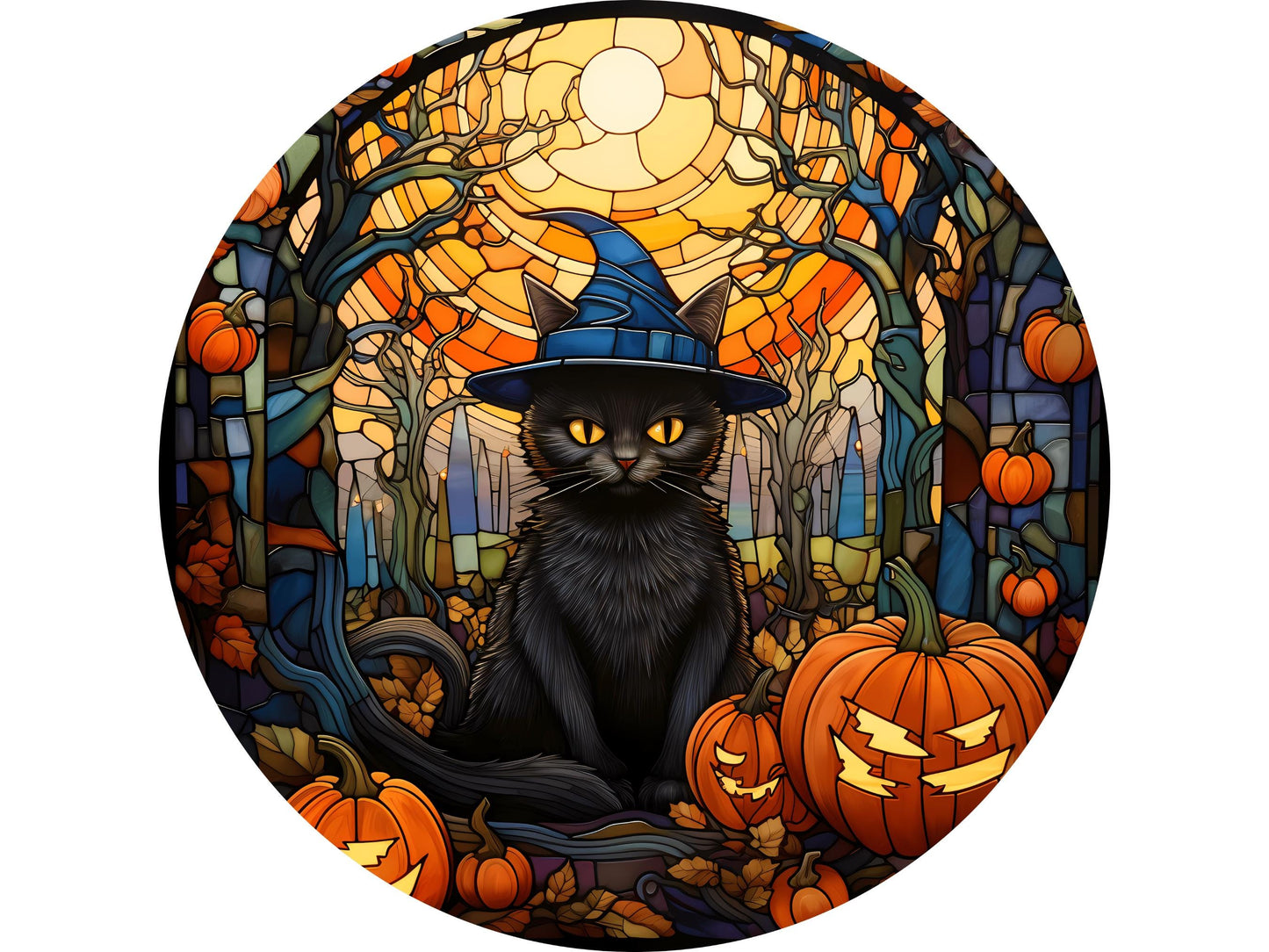 Black Cat with Jack-O-Lanterns Halloween Metal Wreath Sign, Cat in Witch hat with pumpkins sign, cat lover Halloween gift, SWS80624-7