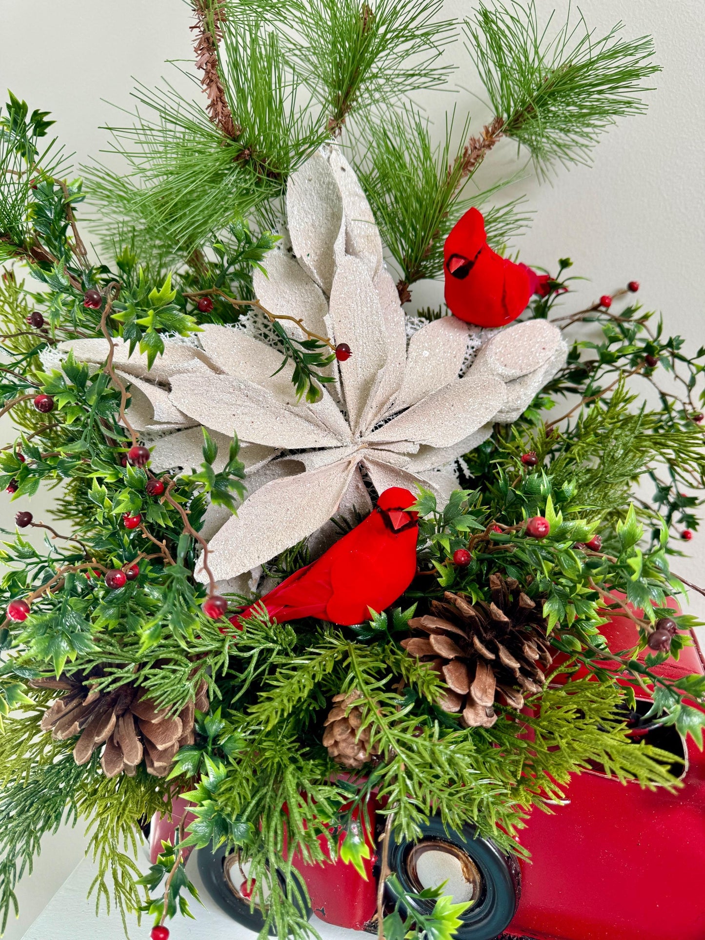 Rustic Christmas Red Truck Centerpiece with Greenery Pinecones