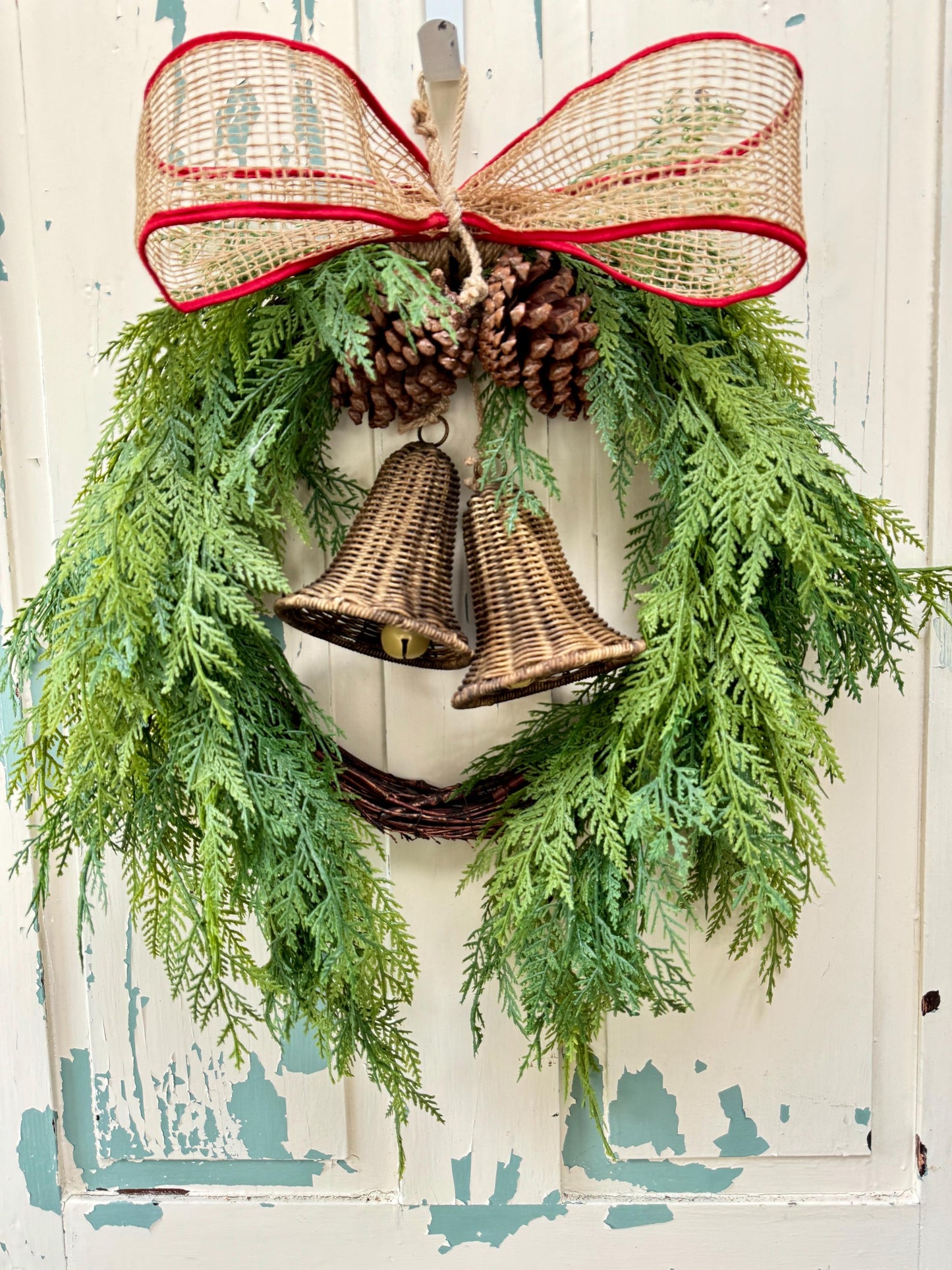 Rustic Cedar Christmas Wreath with Bells and Burlap Bow, Minimalist Handmade Holiday Front Door Décor