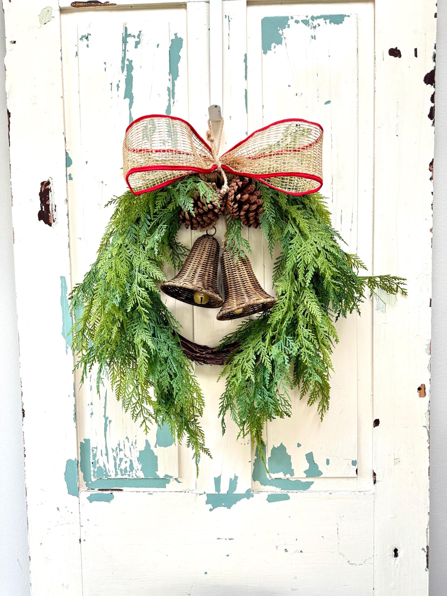 Rustic Cedar Christmas Wreath with Bells and Burlap Bow, Minimalist Handmade Holiday Front Door Décor