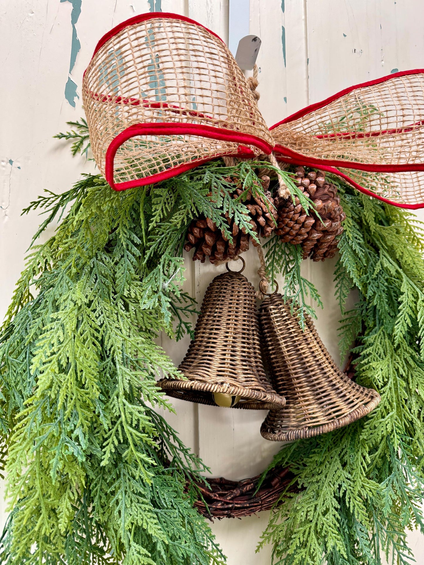 Rustic Cedar Christmas Wreath with Bells and Burlap Bow, Minimalist Handmade Holiday Front Door Décor