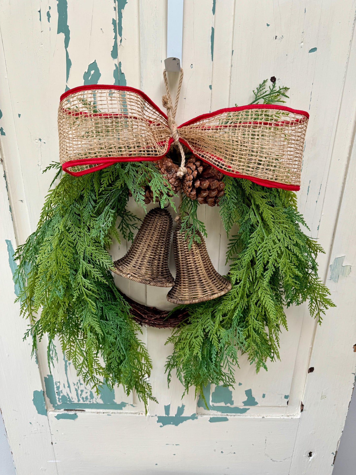 Rustic Cedar Christmas Wreath with Bells and Burlap Bow, Minimalist Handmade Holiday Front Door Décor