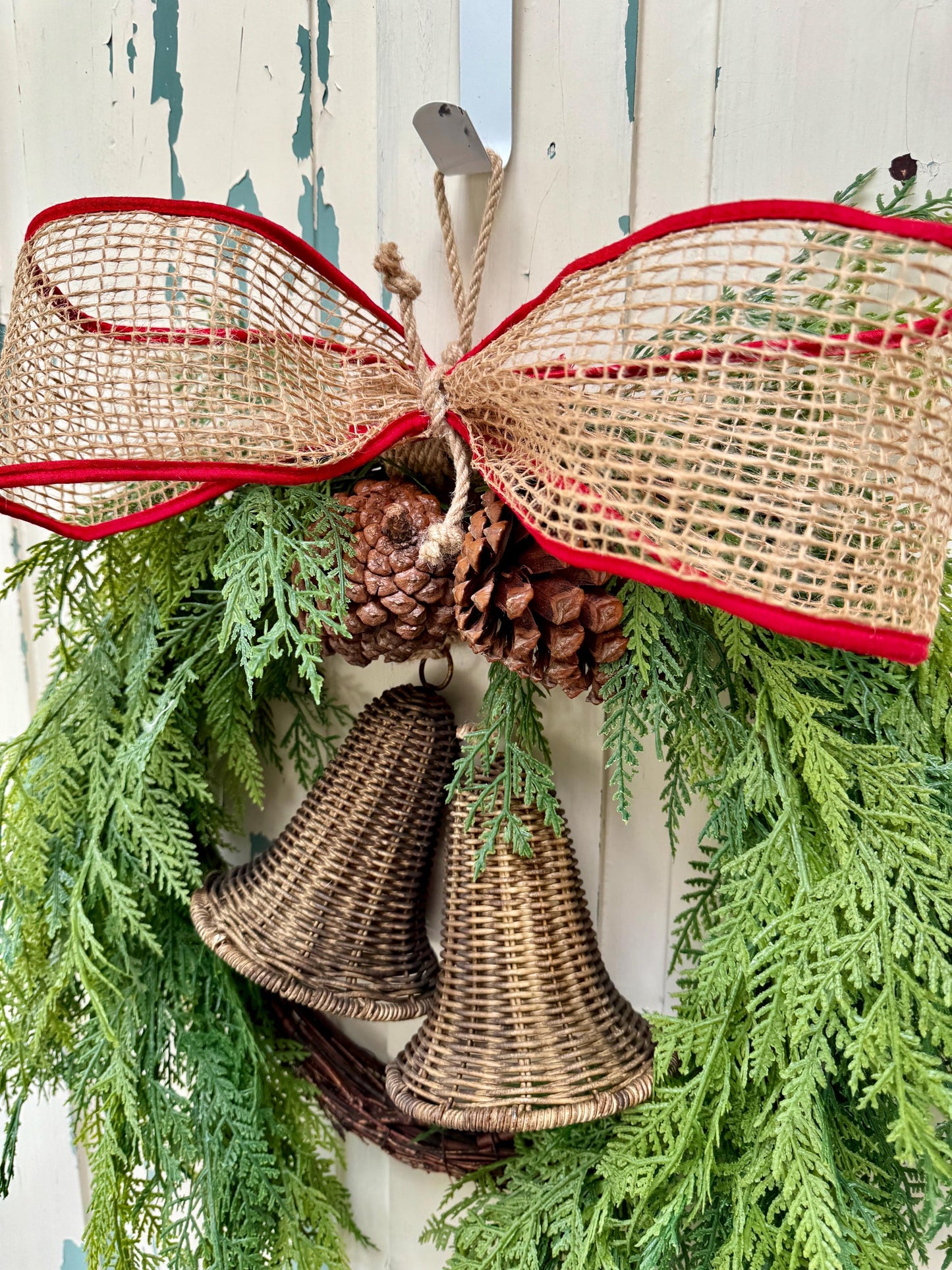 Rustic Cedar Christmas Wreath with Bells and Burlap Bow, Minimalist Handmade Holiday Front Door Décor