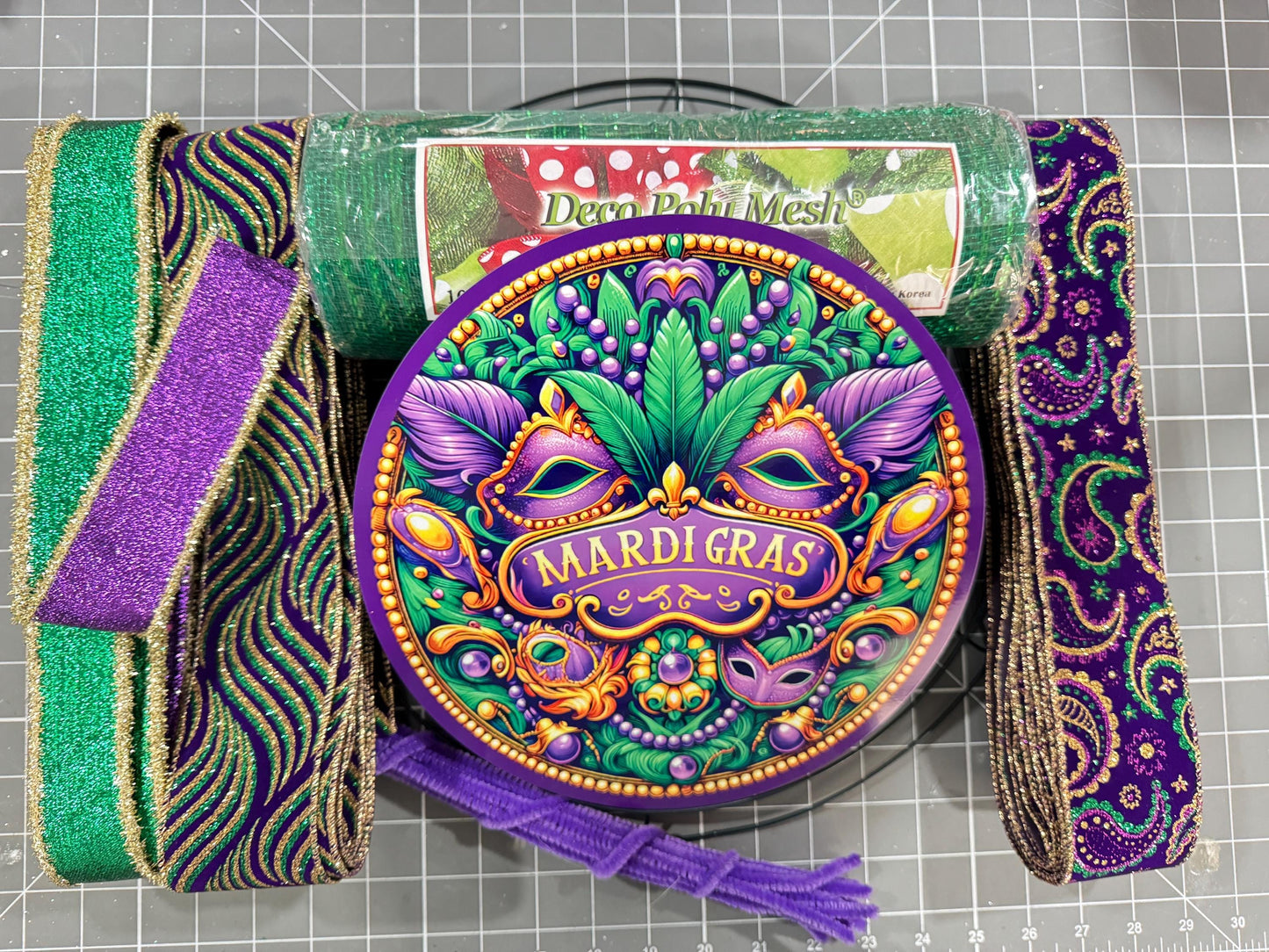 Designer Mardi Gras wreath kit, deco mesh DIY wreath kit, sign & luxury ribbon kit, make your own wreath, Mardi Gras craft supplies