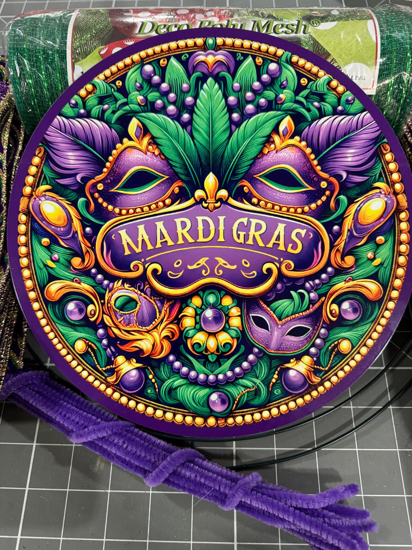 Designer Mardi Gras wreath kit, deco mesh DIY wreath kit, sign & luxury ribbon kit, make your own wreath, Mardi Gras craft supplies
