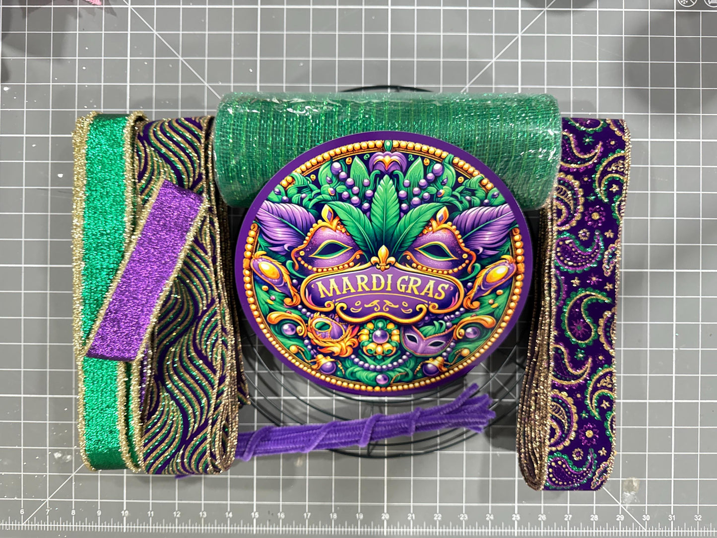 Designer Mardi Gras wreath kit, deco mesh DIY wreath kit, sign & luxury ribbon kit, make your own wreath, Mardi Gras craft supplies