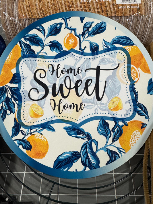 Lemon and Chinoiserie Wreath Kit, mesh diy wreath kit, Blue Yellow lemon sign & ribbon kit, make your own wreath, Home Sweet Home Craft Kit