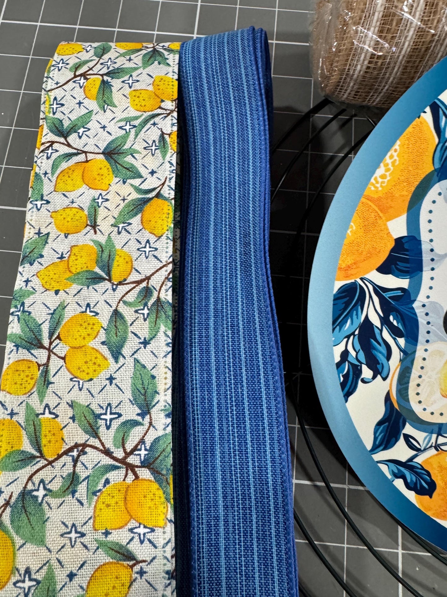 Lemon and Chinoiserie Wreath Kit, mesh diy wreath kit, Blue Yellow lemon sign & ribbon kit, make your own wreath, Home Sweet Home Craft Kit