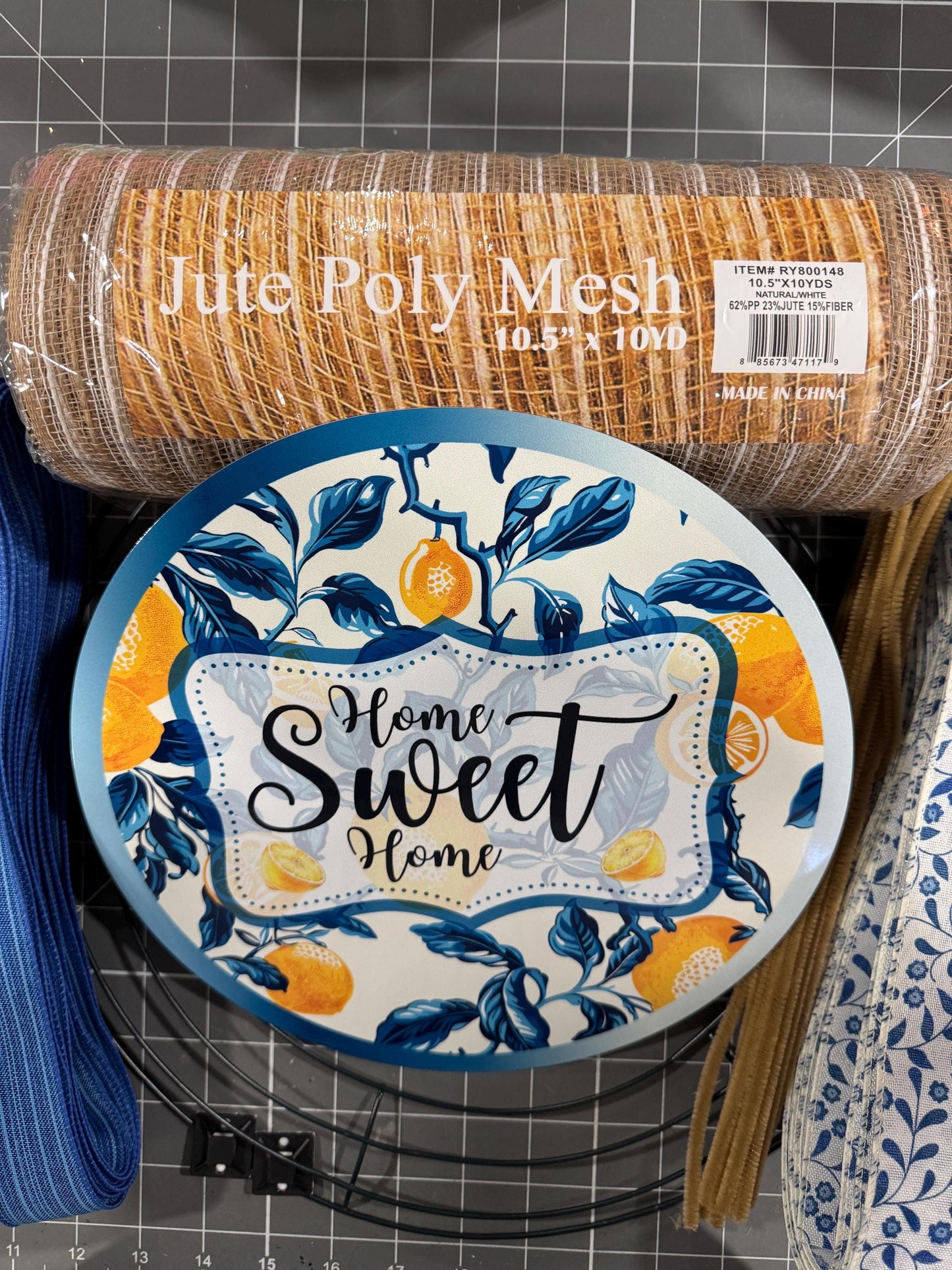 Lemon and Chinoiserie Wreath Kit, mesh diy wreath kit, Blue Yellow lemon sign & ribbon kit, make your own wreath, Home Sweet Home Craft Kit