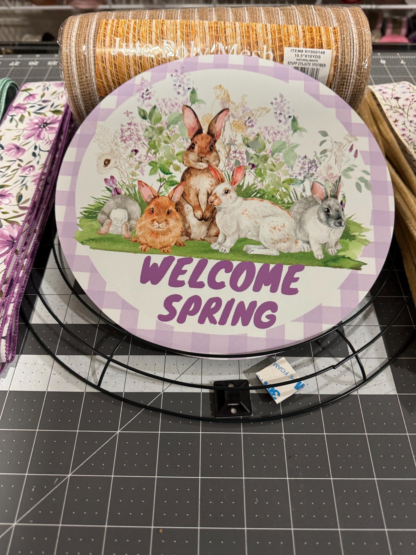 Spring Bunnies welcome Spring wreath kit, mesh diy wreath, Easter purple Sign & ribbon kit,make your own wreath, craft supplies for wreath