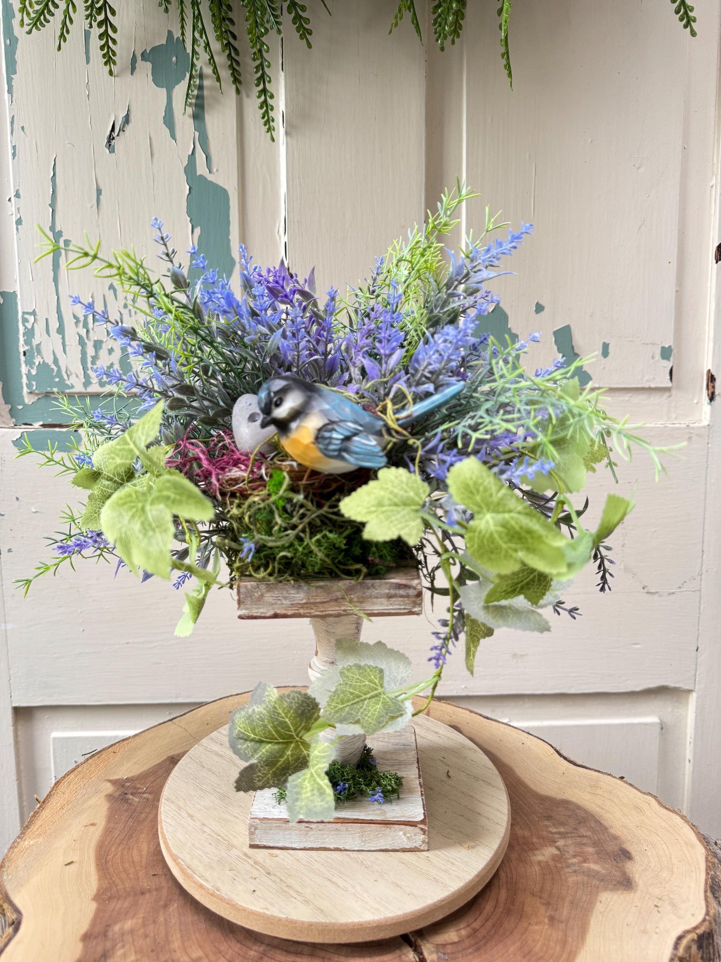 Upcycled Rustic Spring Birdhouse Shelf Sitter, Primitive Spring Tiered Tray Decor, Cottagecore Birdhouse Decor, Indoor Garden Arrangement