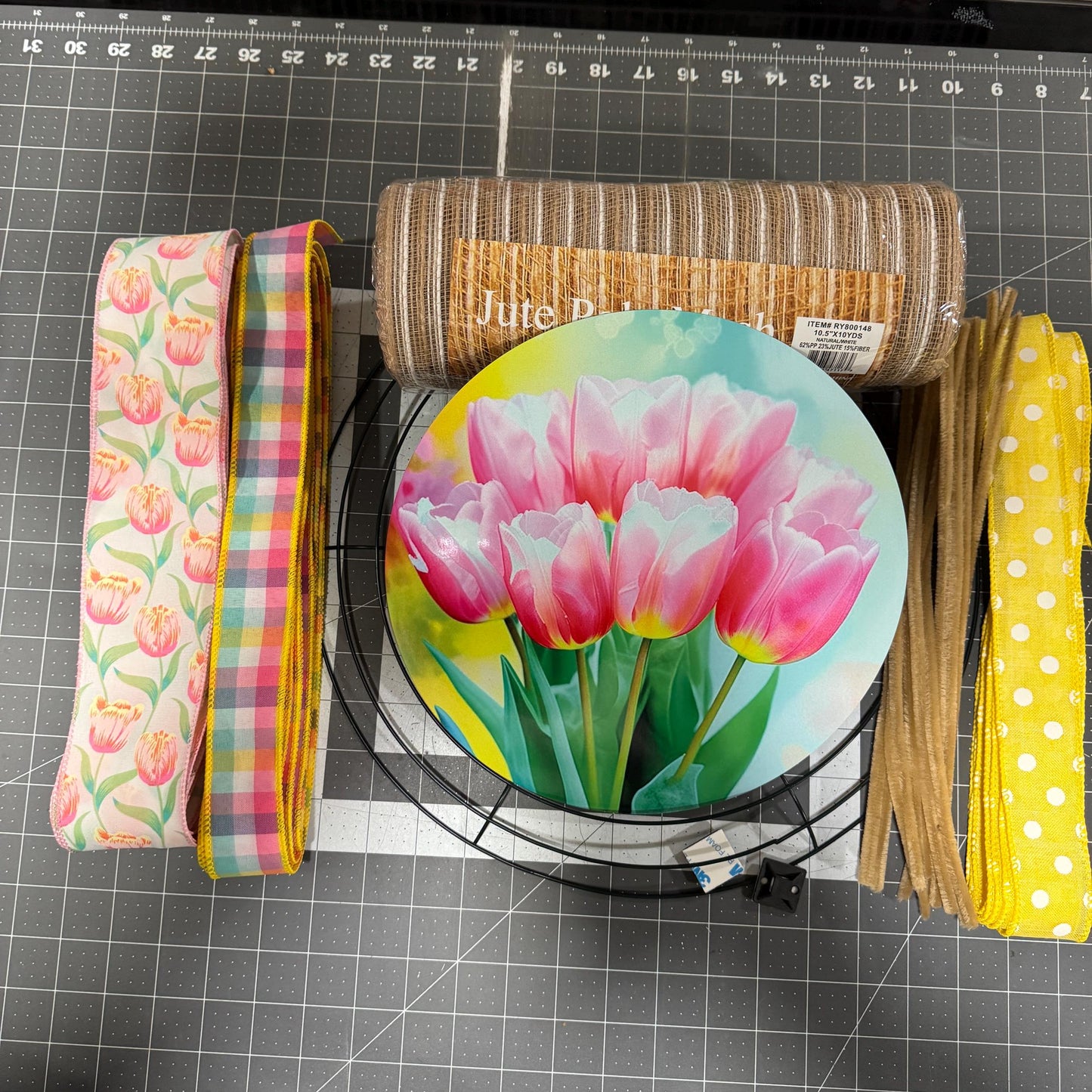 Spring Tulip Welcome Wreath Kit, mesh diy wreath kit, Pink Yellow tulips sign & ribbon kit, make your own wreath, craft supplies for wreath