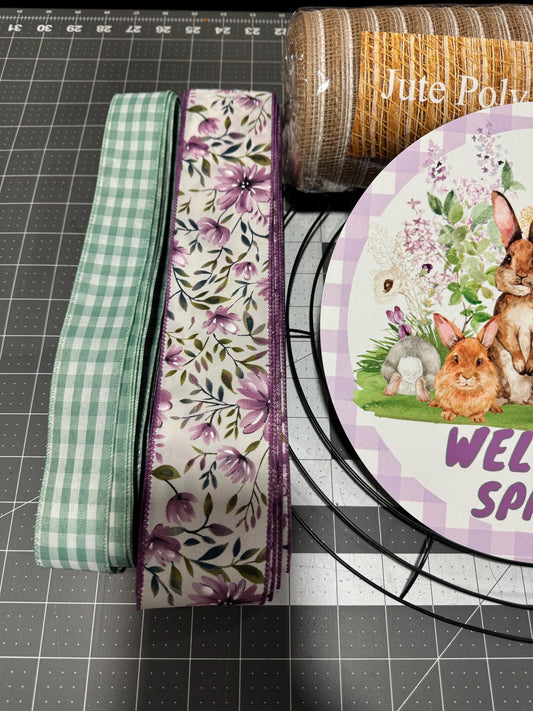 Spring Bunnies welcome Spring wreath kit, mesh diy wreath, Easter purple Sign & ribbon kit,make your own wreath, craft supplies for wreath