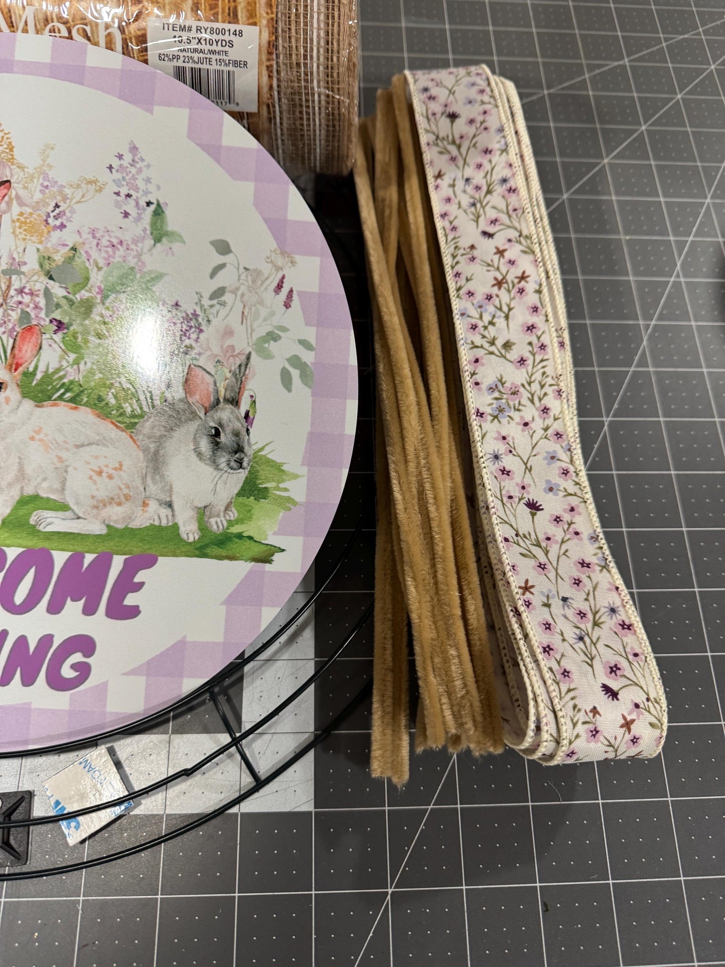 Spring Bunnies welcome Spring wreath kit, mesh diy wreath, Easter purple Sign & ribbon kit,make your own wreath, craft supplies for wreath