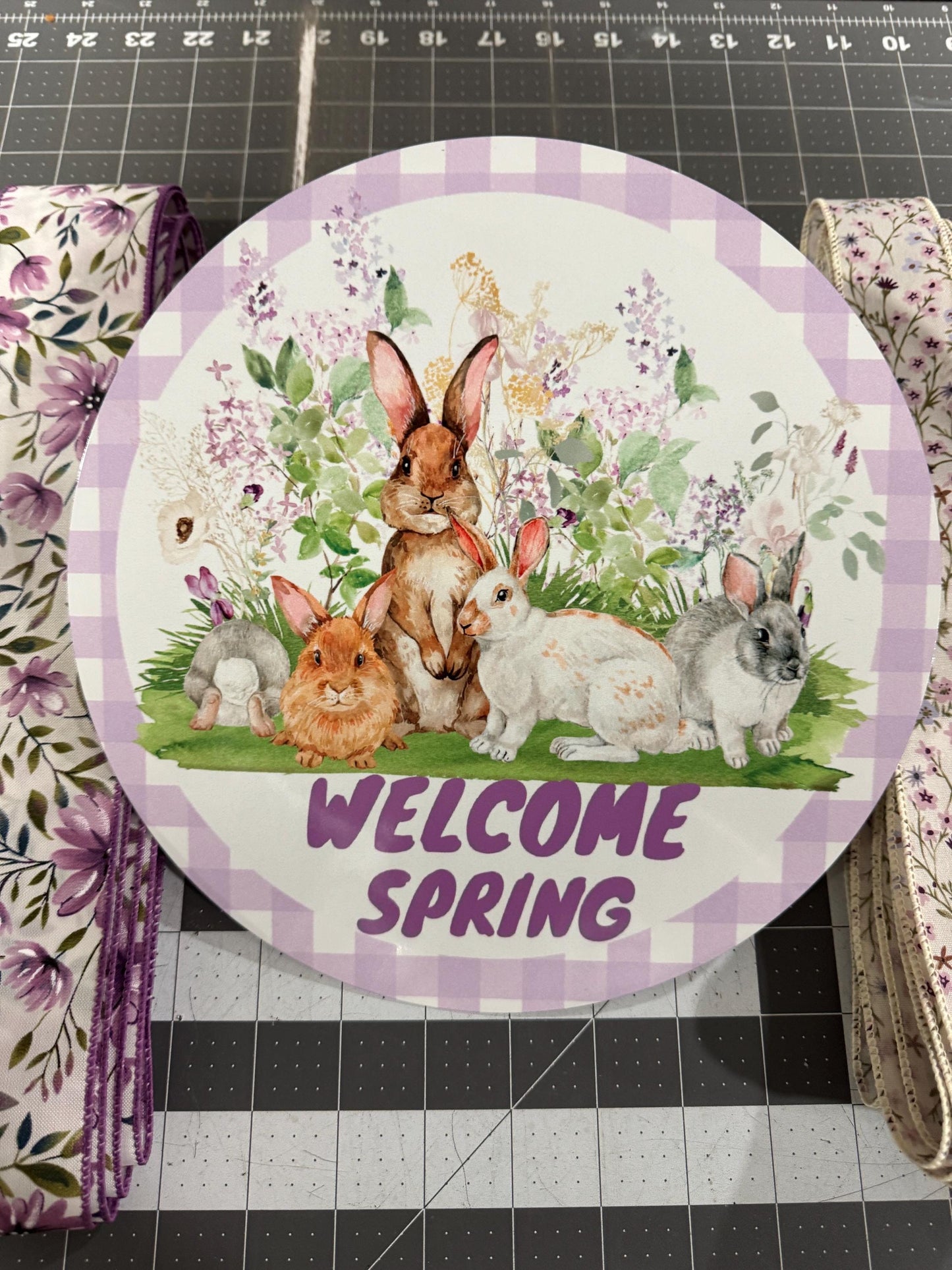 Spring Bunnies welcome Spring wreath kit, mesh diy wreath, Easter purple Sign & ribbon kit,make your own wreath, craft supplies for wreath
