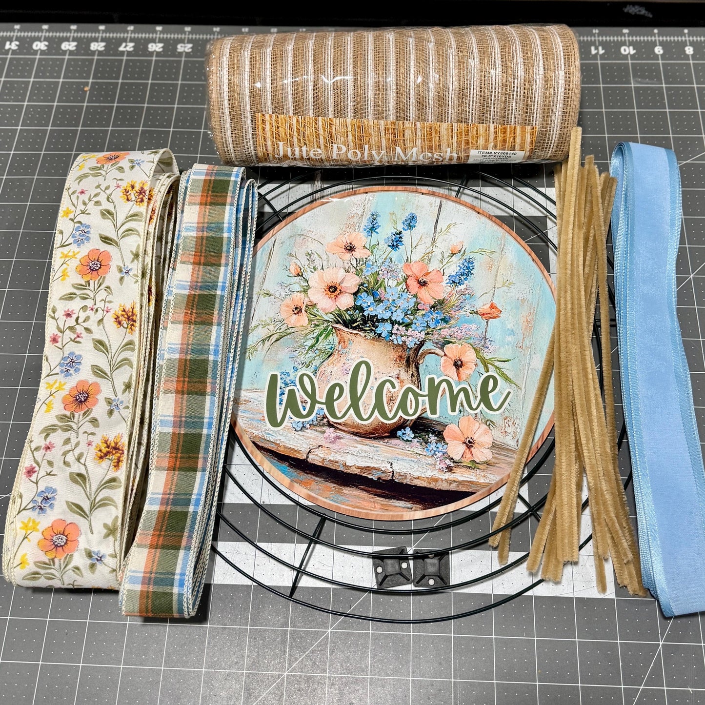 Summer Floral welcome wreath kit, mesh diy wreath kit, Lilac and Butterfly sign & ribbon kit,make your own wreath, craft supplies for wreath