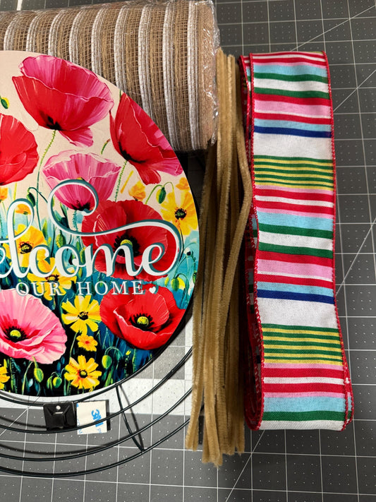 DIY Poppy Welcome Wreath Kit, Complete Mesh Wreath Kit with sign, ribbon and Instructions, make your own wreath, craft supplies for wreath