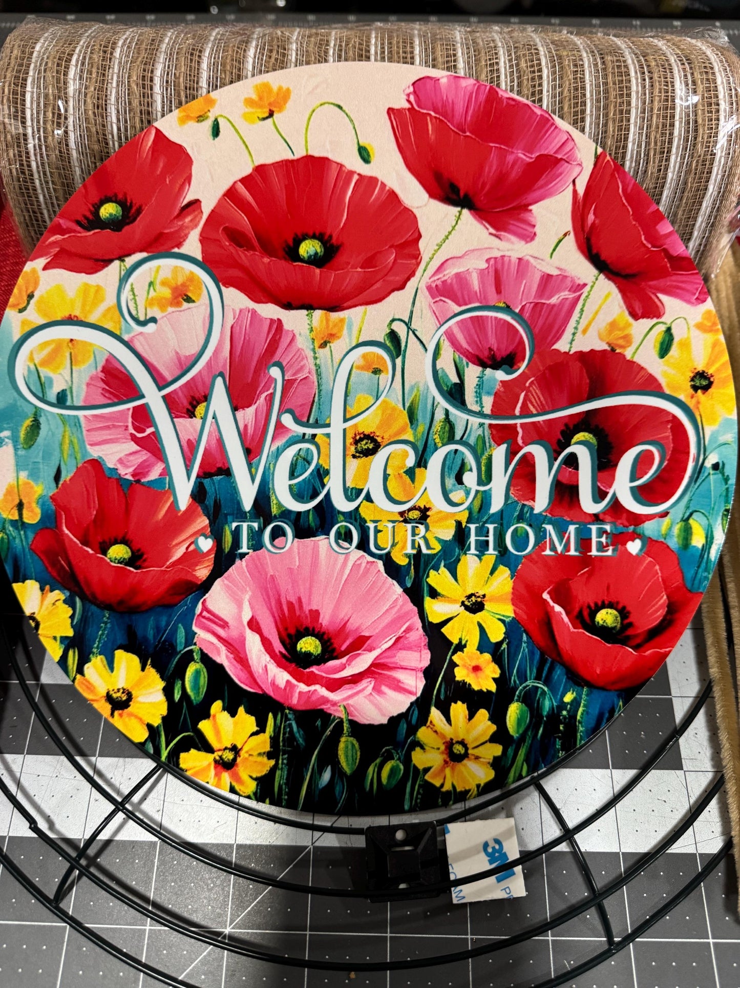 DIY Poppy Welcome Wreath Kit, Complete Mesh Wreath Kit with sign, ribbon and Instructions, make your own wreath, craft supplies for wreath