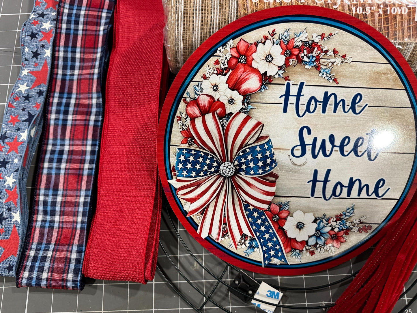 Patriotic Highland Cow Welcome Wreath Kit, mesh diy wreath kit, 4th of July sign & ribbon kit, Craft supplies to make your own wreath