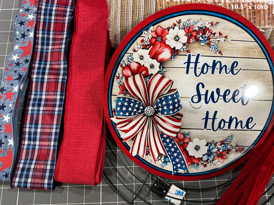 Patriotic Floral Welcome Wreath Kit, mesh diy wreath kit, 4th of July sign & ribbon kit, Craft supplies to make your own wreath