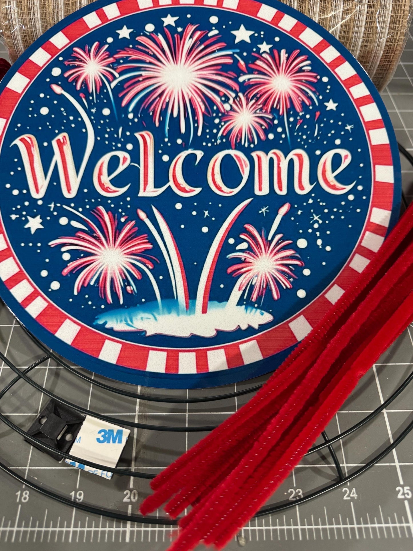 Patriotic Floral Welcome Wreath Kit, mesh diy wreath kit, 4th of July sign & ribbon kit, Craft supplies to make your own wreath
